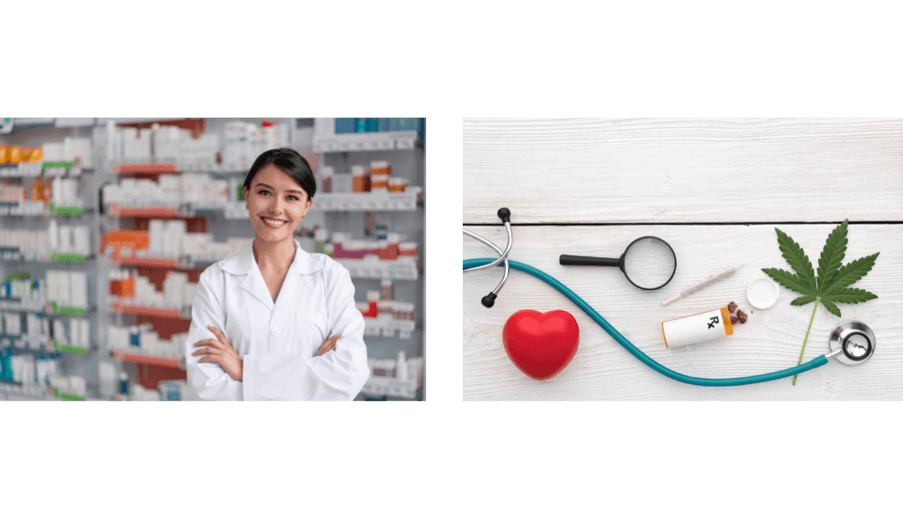 Apothekerin in einer Apotheke mit Medikamenten im Hintergrund.